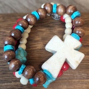 Beaded Bracelets, Cross Detail, Set of 3